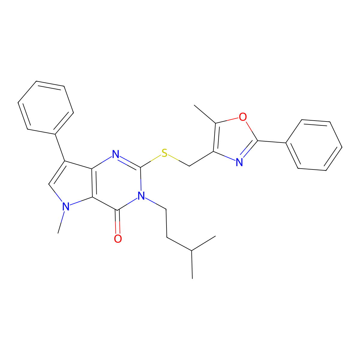 3-isopentyl-5-methyl-2-(((5-methyl-2-phenyloxazol-4-yl)methyl)thio)-7-phenyl-3H-pyrrolo[3,2-d]pyrimidin-4(5H)-one molecular structure, CAS 1115338-87-8