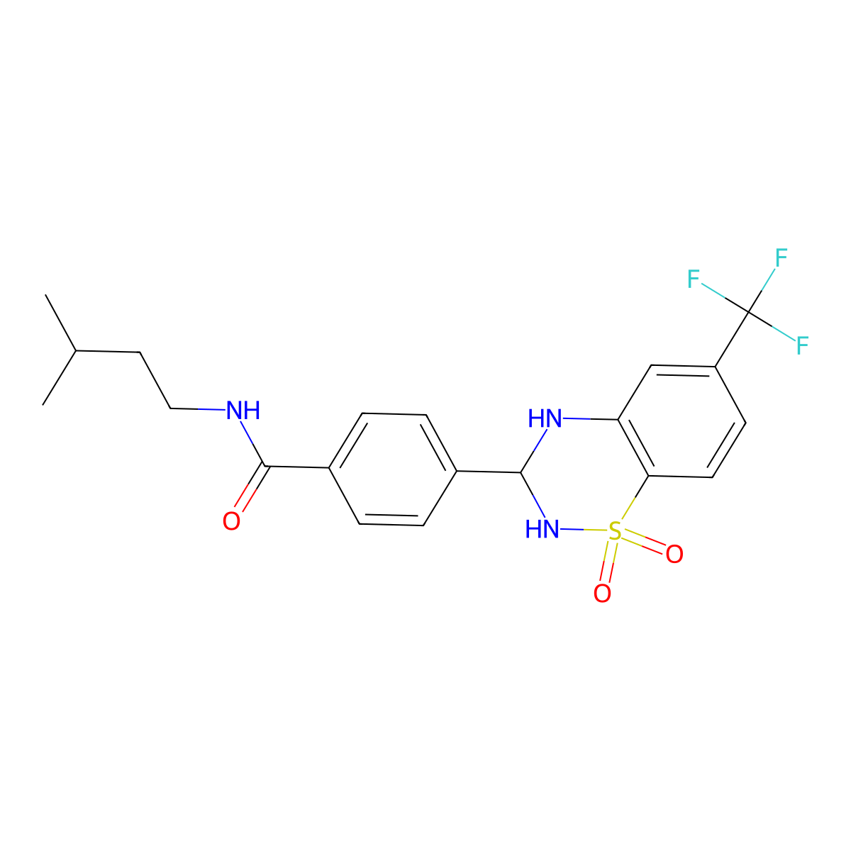 4-[1,1-dioxo-6-(trifluoromethyl)-3,4-dihydro-2H-1lambda6,2,4-benzothiadiazin-3-yl]-N-(3-methylbutyl)benzamide molecular structure, CAS 1115349-18-2