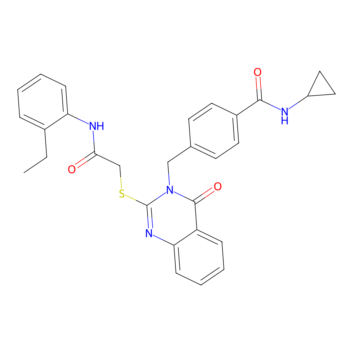 N-cyclopropyl-4-{[2-({[(2-ethylphenyl)carbamoyl]methyl}sulfanyl)-4-oxo-3,4-dihydroquinazolin-3-yl]methyl}benzamide molecular structure, CAS 1115360-33-2