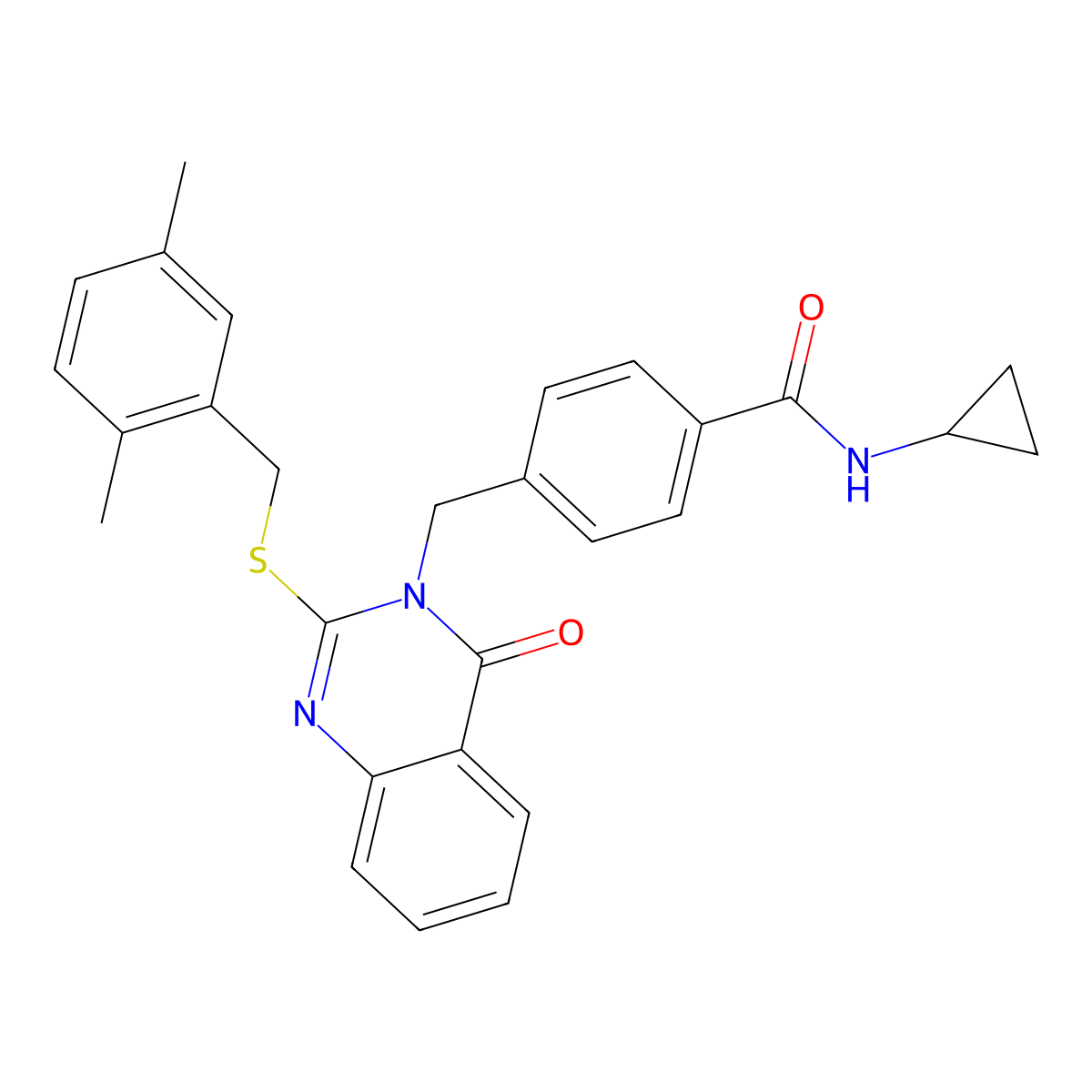 N-cyclopropyl-4-((2-((2,5-dimethylbenzyl)thio)-4-oxoquinazolin-3(4H)-yl)methyl)benzamide molecular structure, CAS 1115360-34-3