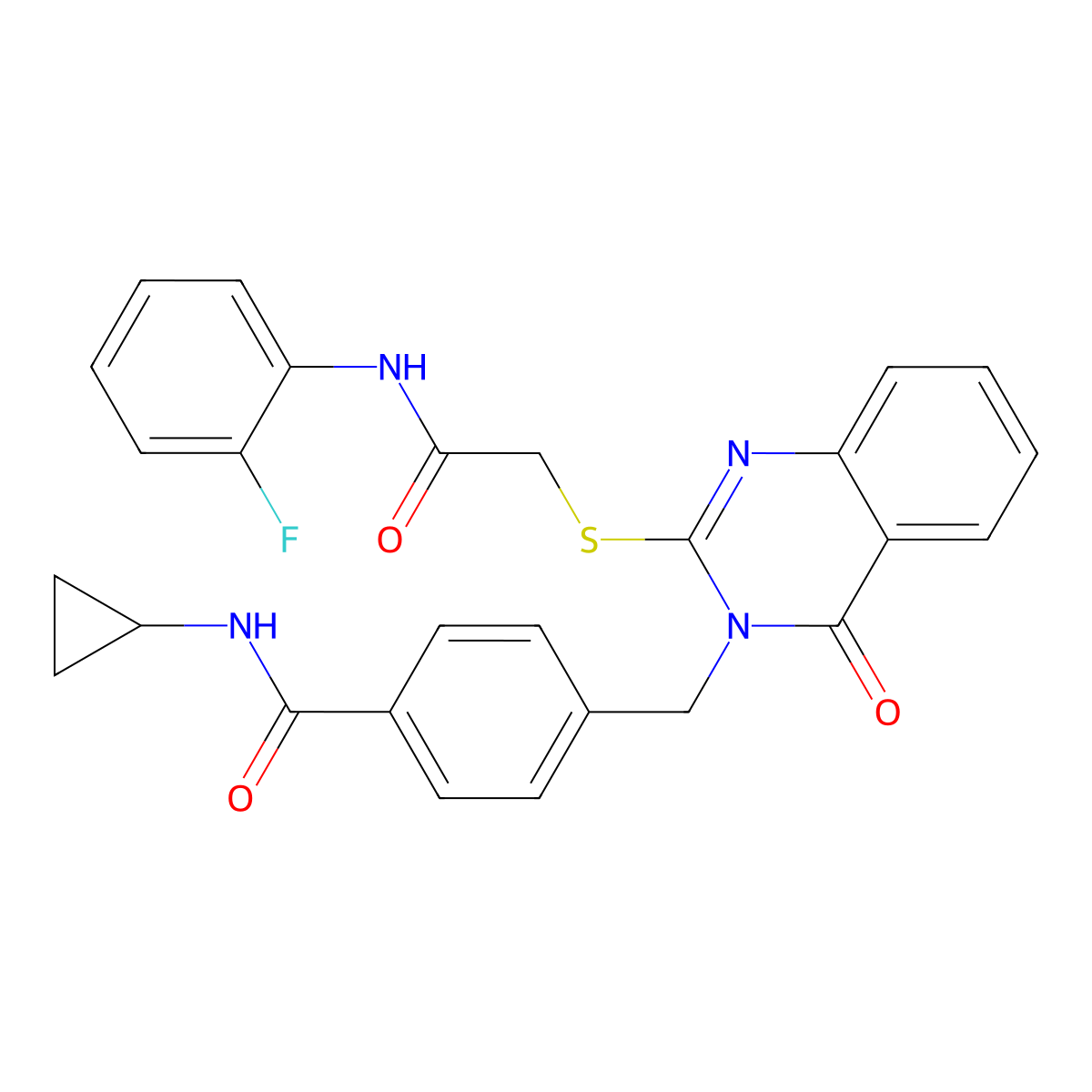 N-cyclopropyl-4-((2-((2-((2-fluorophenyl)amino)-2-oxoethyl)thio)-4-oxoquinazolin-3(4H)-yl)methyl)benzamide molecular structure, CAS 1115360-36-5