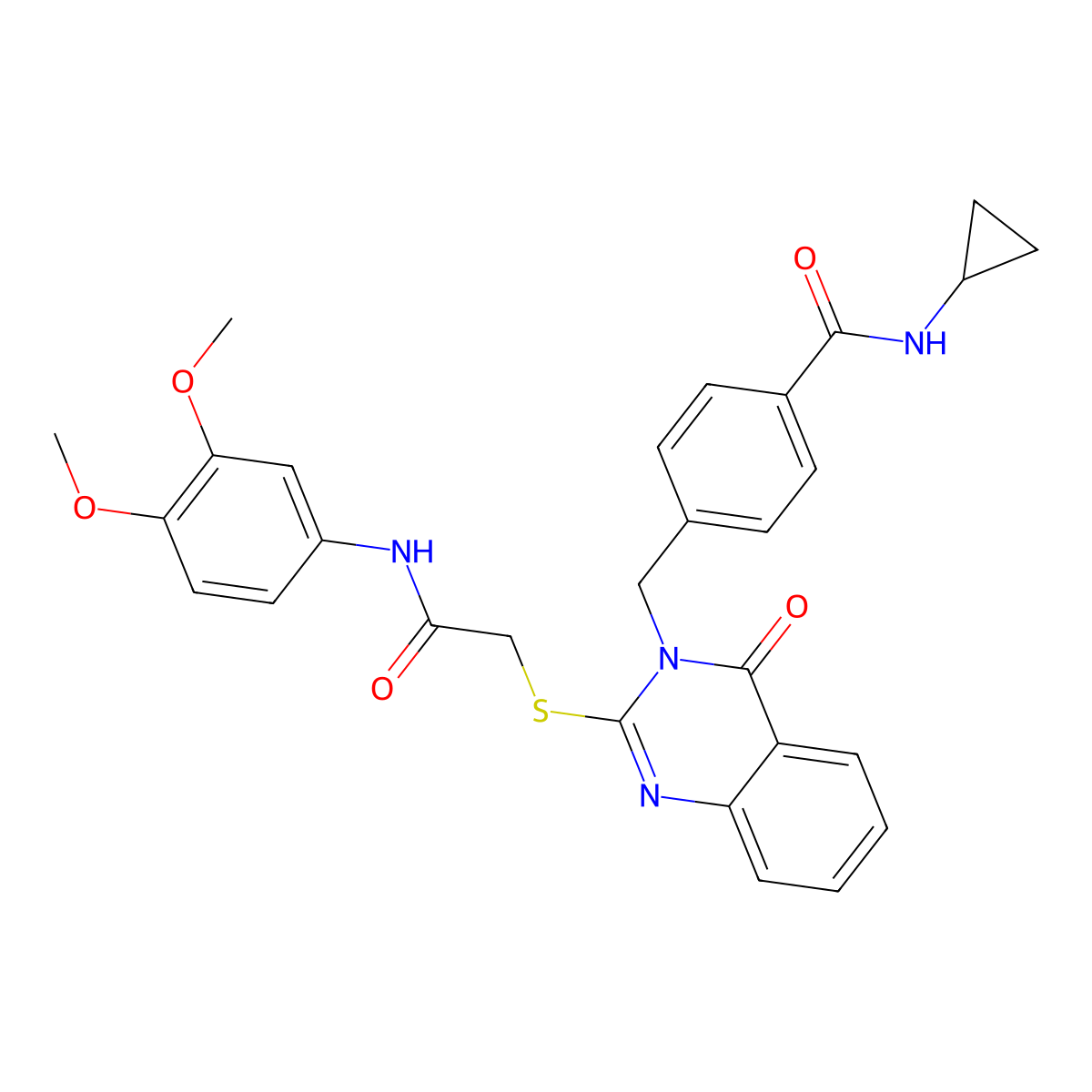 N-cyclopropyl-4-{[2-({[(3,4-dimethoxyphenyl)carbamoyl]methyl}sulfanyl)-4-oxo-3,4-dihydroquinazolin-3-yl]methyl}benzamide molecular structure, CAS 1115360-38-7