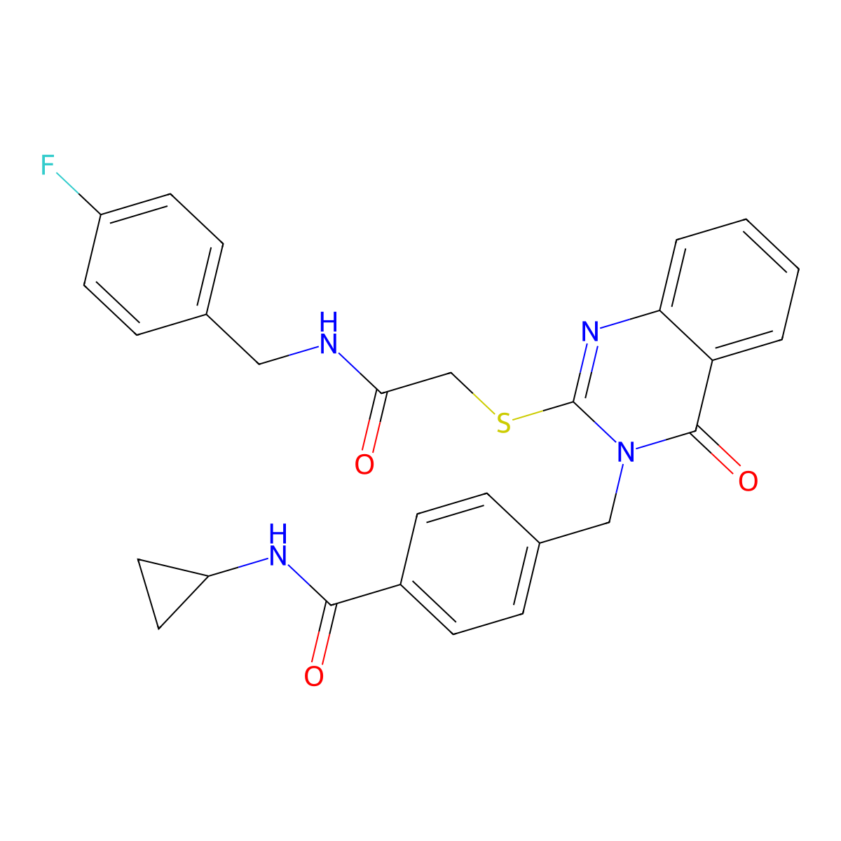 N-cyclopropyl-4-((2-((2-((4-fluorobenzyl)amino)-2-oxoethyl)thio)-4-oxoquinazolin-3(4H)-yl)methyl)benzamide molecular structure, CAS 1115360-39-8