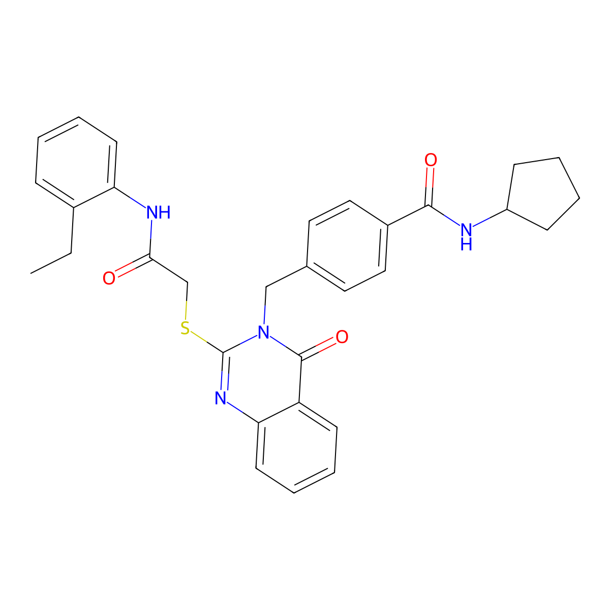 N-cyclopentyl-4-{[2-({[(2-ethylphenyl)carbamoyl]methyl}sulfanyl)-4-oxo-3,4-dihydroquinazolin-3-yl]methyl}benzamide molecular structure, CAS 1115360-44-5