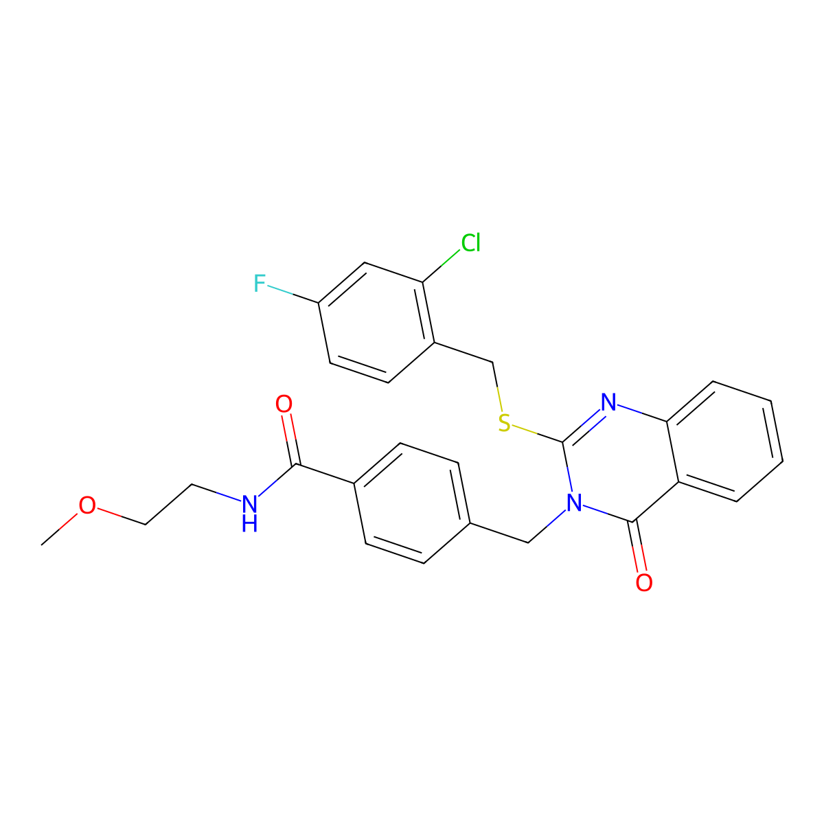 4-((2-((2-chloro-4-fluorobenzyl)thio)-4-oxoquinazolin-3(4H)-yl)methyl)-N-(2-methoxyethyl)benzamide molecular structure, CAS 1115360-61-6