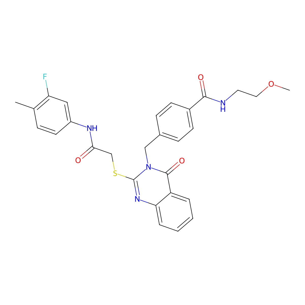 4-((2-((2-((3-fluoro-4-methylphenyl)amino)-2-oxoethyl)thio)-4-oxoquinazolin-3(4H)-yl)methyl)-N-(2-methoxyethyl)benzamide molecular structure, CAS 1115360-64-9