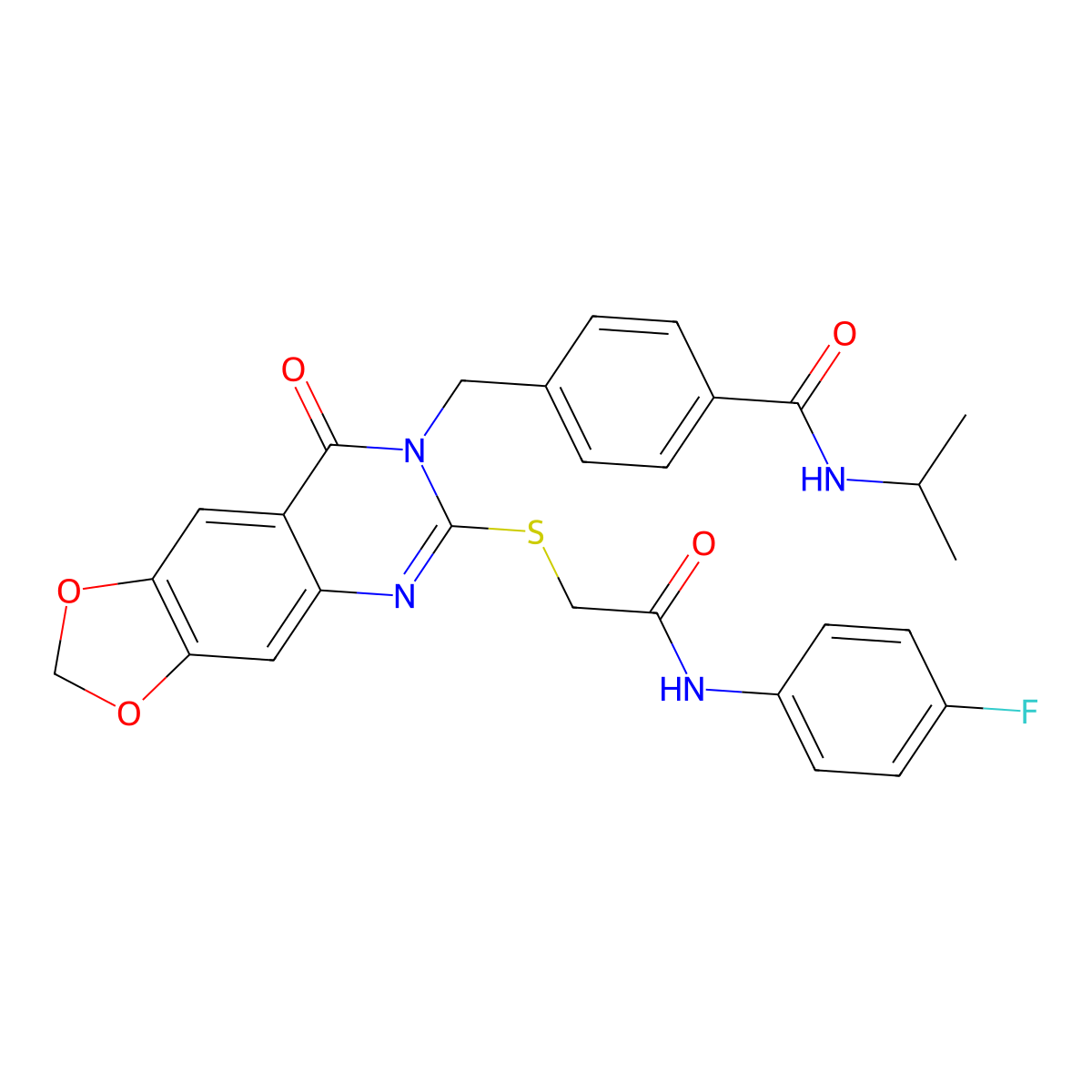 4-((6-((2-((4-fluorophenyl)amino)-2-oxoethyl)thio)-8-oxo-[1,3]dioxolo[4,5-g]quinazolin-7(8H)-yl)methyl)-N-isopropylbenzamide molecular structure, CAS 1115360-77-4