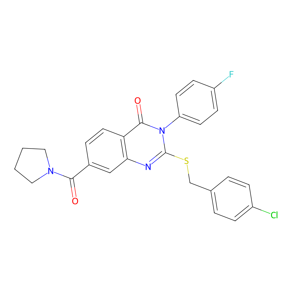 2-((4-chlorobenzyl)thio)-3-(4-fluorophenyl)-7-(pyrrolidine-1-carbonyl)quinazolin-4(3H)-one molecular structure, CAS 1115368-03-0