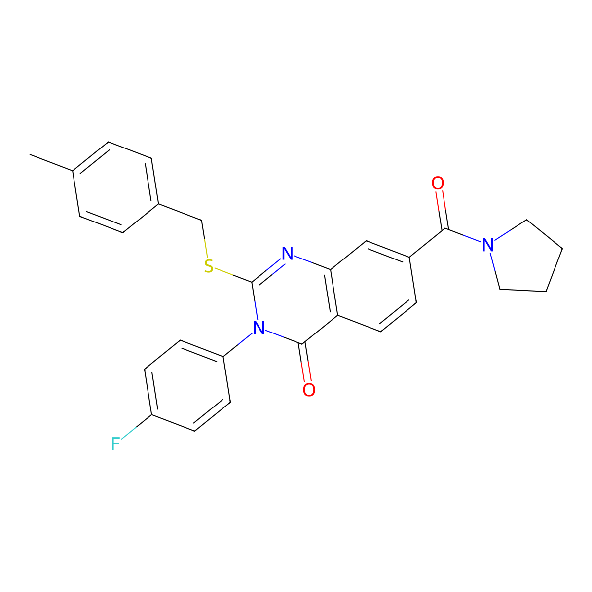 3-(4-fluorophenyl)-2-((4-methylbenzyl)thio)-7-(pyrrolidine-1-carbonyl)quinazolin-4(3H)-one molecular structure, CAS 1115368-05-2