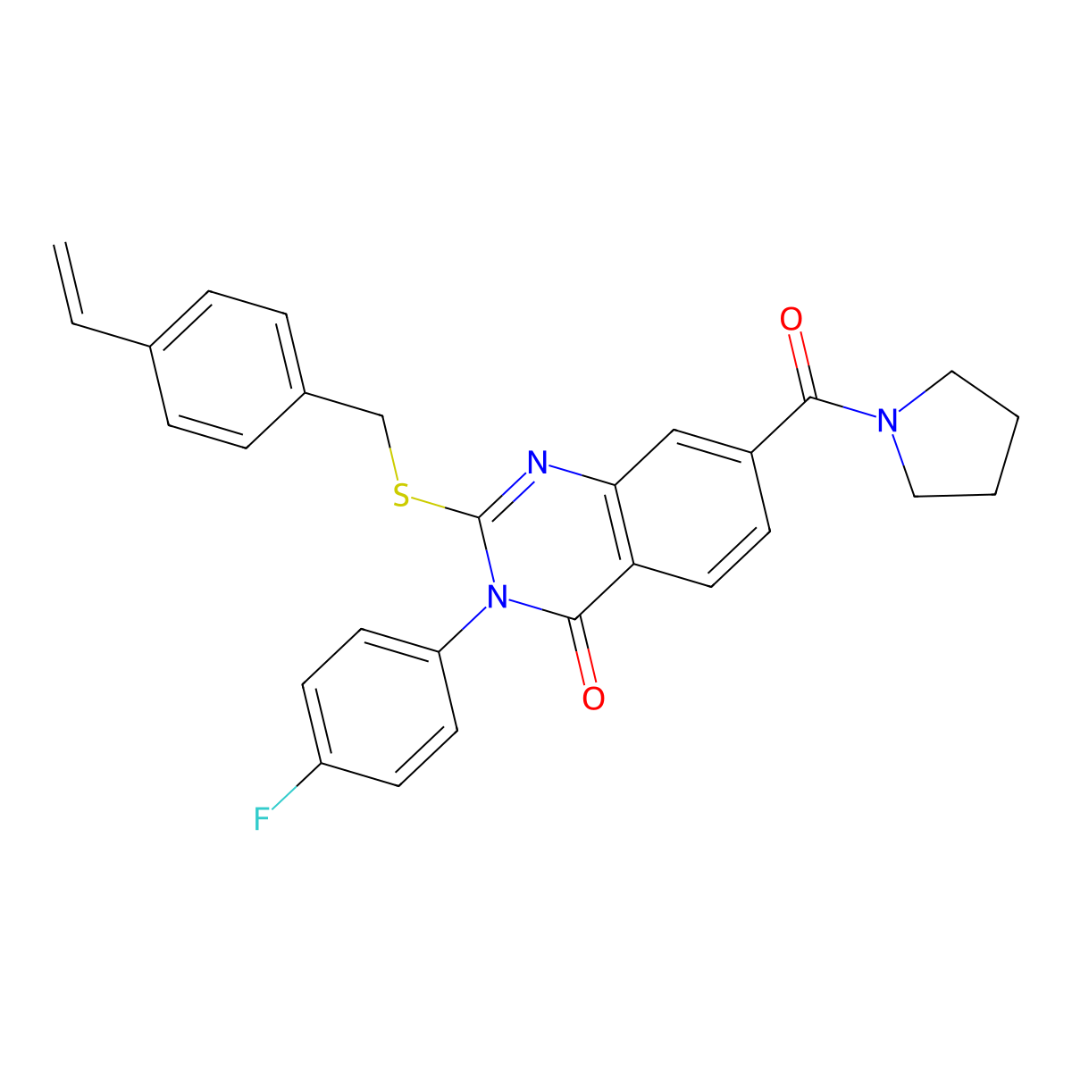 3-(4-fluorophenyl)-7-(pyrrolidine-1-carbonyl)-2-((4-vinylbenzyl)thio)quinazolin-4(3H)-one molecular structure, CAS 1115368-07-4