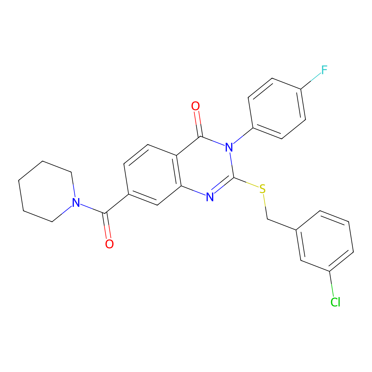 2-[(3-chlorobenzyl)thio]-3-(4-fluorophenyl)-7-(piperidin-1-ylcarbonyl)quinazolin-4(3H)-one molecular structure, CAS 1115368-09-6