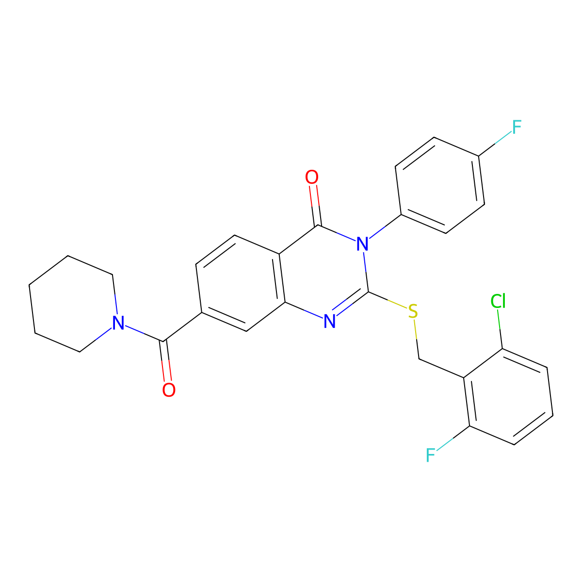 2-((2-chloro-6-fluorobenzyl)thio)-3-(4-fluorophenyl)-7-(piperidine-1-carbonyl)quinazolin-4(3H)-one molecular structure, CAS 1115368-10-9