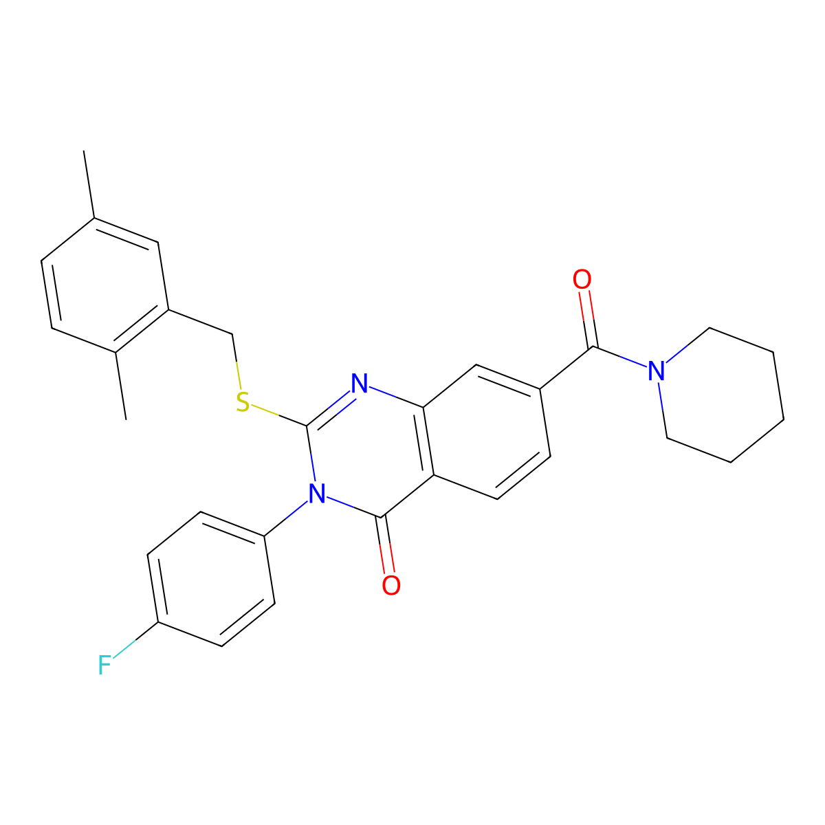 2-((2,5-dimethylbenzyl)thio)-3-(4-fluorophenyl)-7-(piperidine-1-carbonyl)quinazolin-4(3H)-one molecular structure, CAS 1115368-11-0