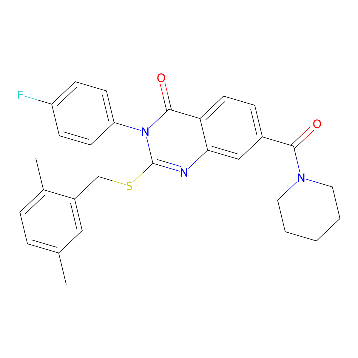 2-((2,5-dimethylbenzyl)thio)-3-(4-fluorophenyl)-7-(piperidine-1-carbonyl)quinazolin-4(3H)-one molecular structure, CAS 1115368-11-0
