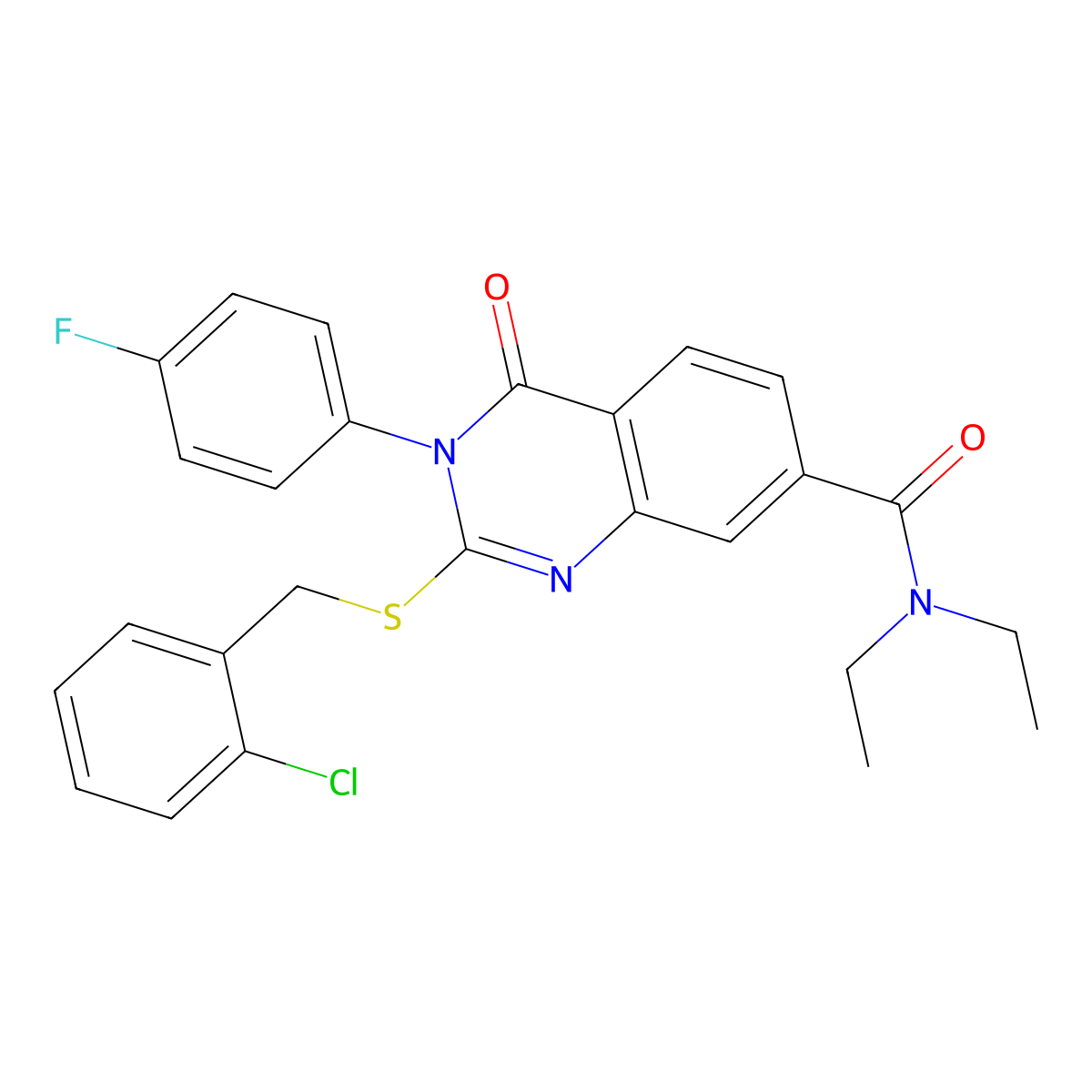 2-((2-chlorobenzyl)thio)-N,N-diethyl-3-(4-fluorophenyl)-4-oxo-3,4-dihydroquinazoline-7-carboxamide molecular structure, CAS 1115368-25-6