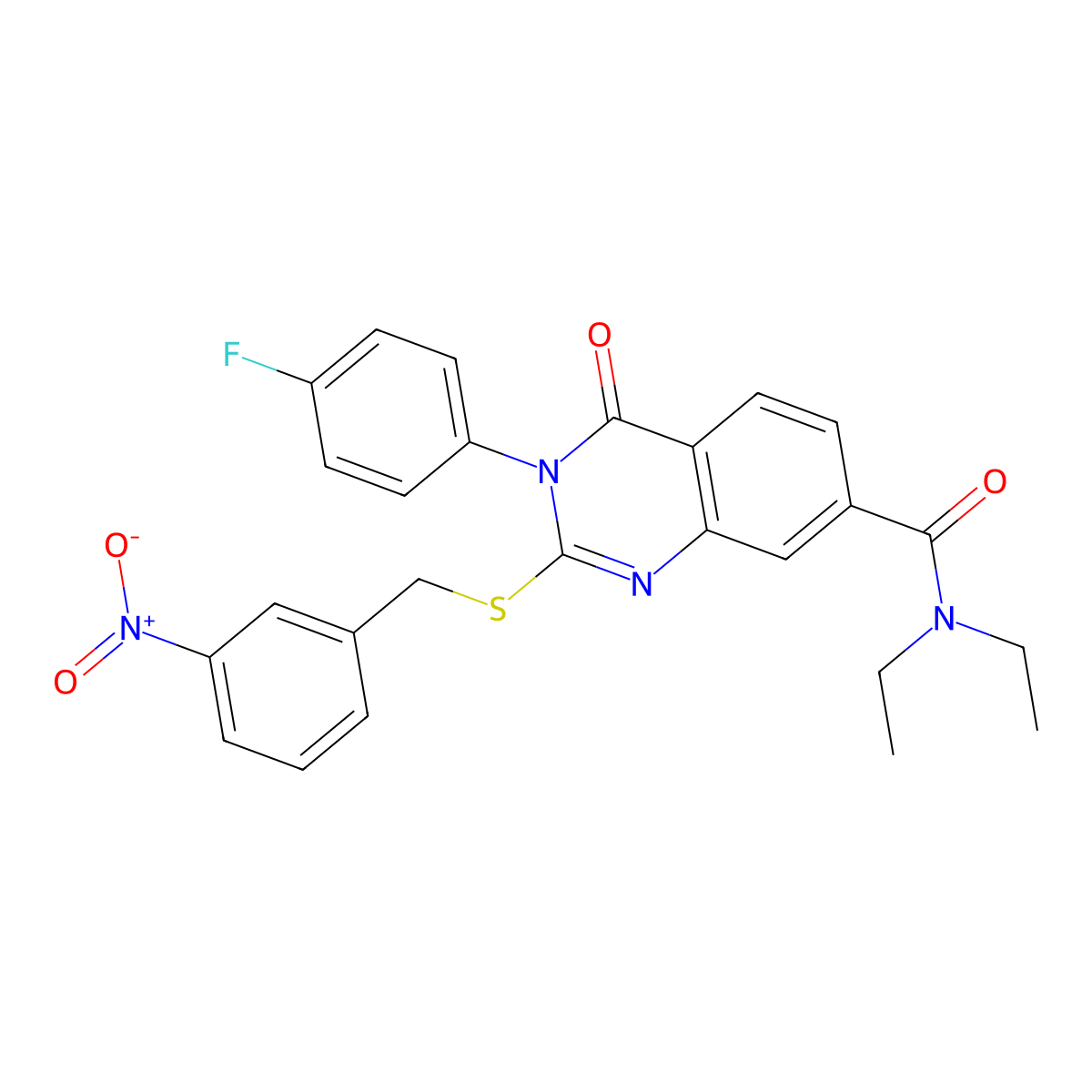 N,N-diethyl-3-(4-fluorophenyl)-2-((3-nitrobenzyl)thio)-4-oxo-3,4-dihydroquinazoline-7-carboxamide molecular structure, CAS 1115368-26-7