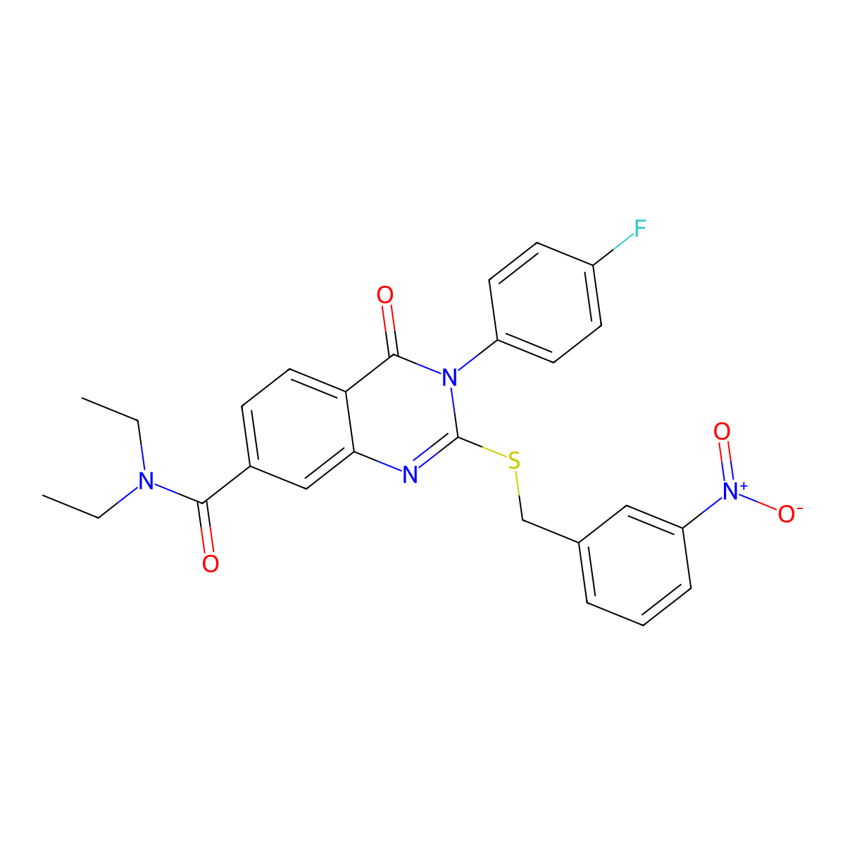 N,N-diethyl-3-(4-fluorophenyl)-2-((3-nitrobenzyl)thio)-4-oxo-3,4-dihydroquinazoline-7-carboxamide molecular structure, CAS 1115368-26-7