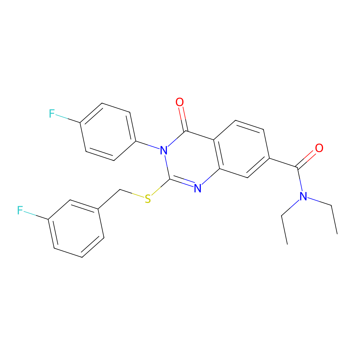 N,N-diethyl-2-((3-fluorobenzyl)thio)-3-(4-fluorophenyl)-4-oxo-3,4-dihydroquinazoline-7-carboxamide molecular structure, CAS 1115368-27-8