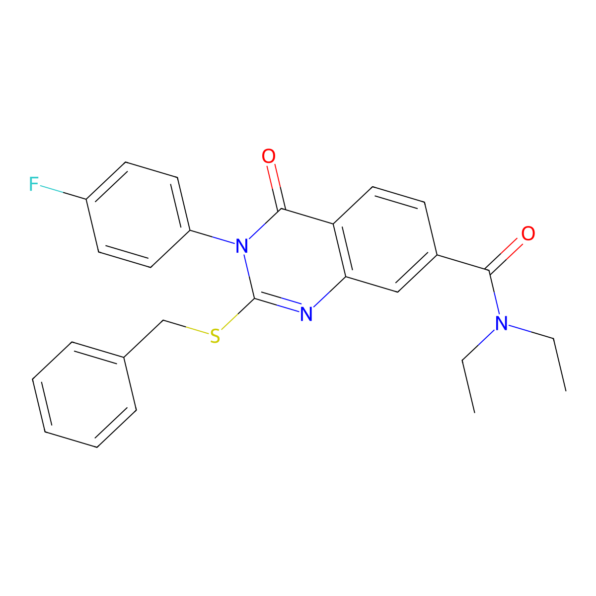 2-(benzylthio)-N,N-diethyl-3-(4-fluorophenyl)-4-oxo-3,4-dihydroquinazoline-7-carboxamide molecular structure, CAS 1115368-30-3