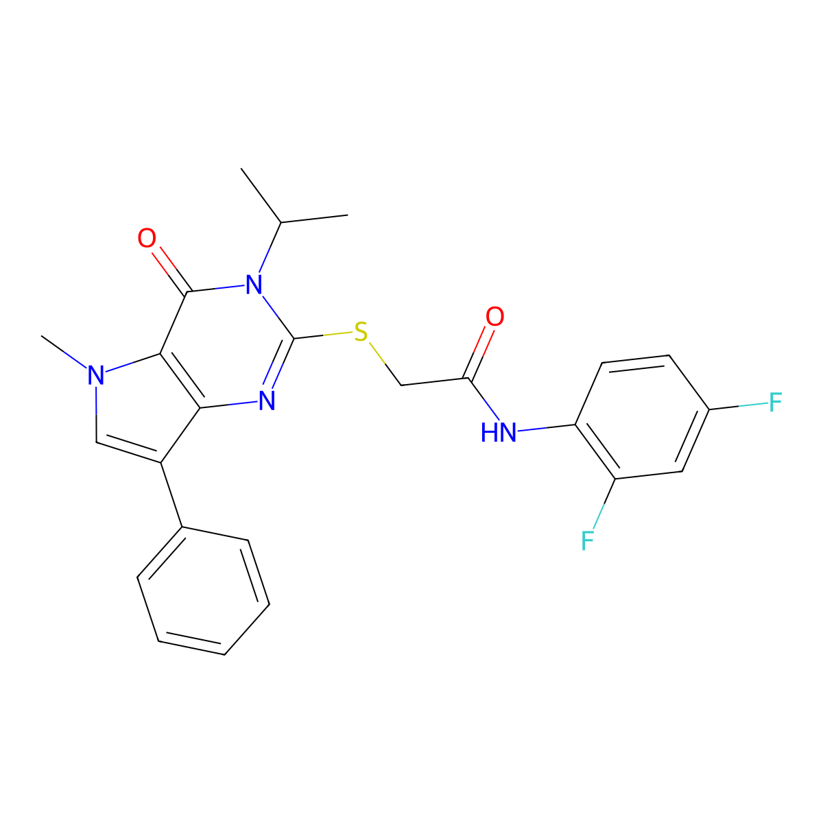 N-(2,4-difluorophenyl)-2-((3-isopropyl-5-methyl-4-oxo-7-phenyl-4,5-dihydro-3H-pyrrolo[3,2-d]pyrimidin-2-yl)thio)acetamide molecular structure, CAS 1115371-06-6
