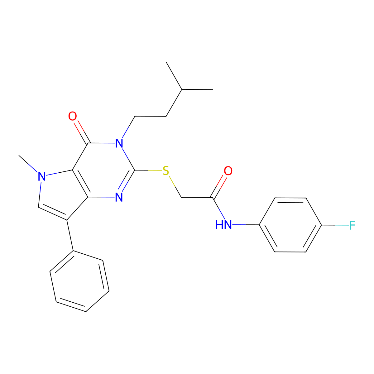 N-(4-fluorophenyl)-2-{[5-methyl-3-(3-methylbutyl)-4-oxo-7-phenyl-3H,4H,5H-pyrrolo[3,2-d]pyrimidin-2-yl]sulfanyl}acetamide molecular structure, CAS 1115371-13-5