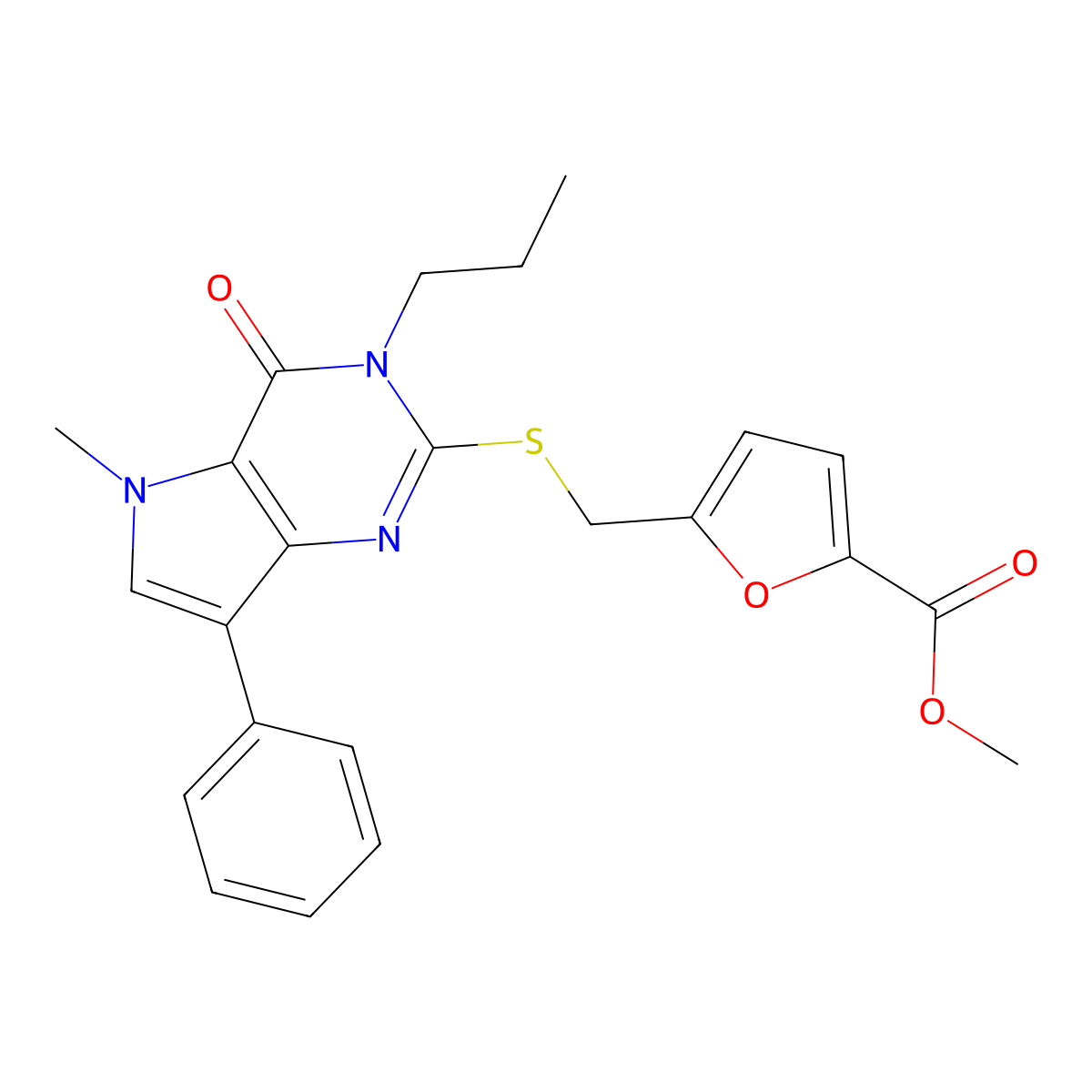 methyl 5-(((5-methyl-4-oxo-7-phenyl-3-propyl-4,5-dihydro-3H-pyrrolo[3,2-d]pyrimidin-2-yl)thio)methyl)furan-2-carboxylate molecular structure, CAS 1115371-27-1