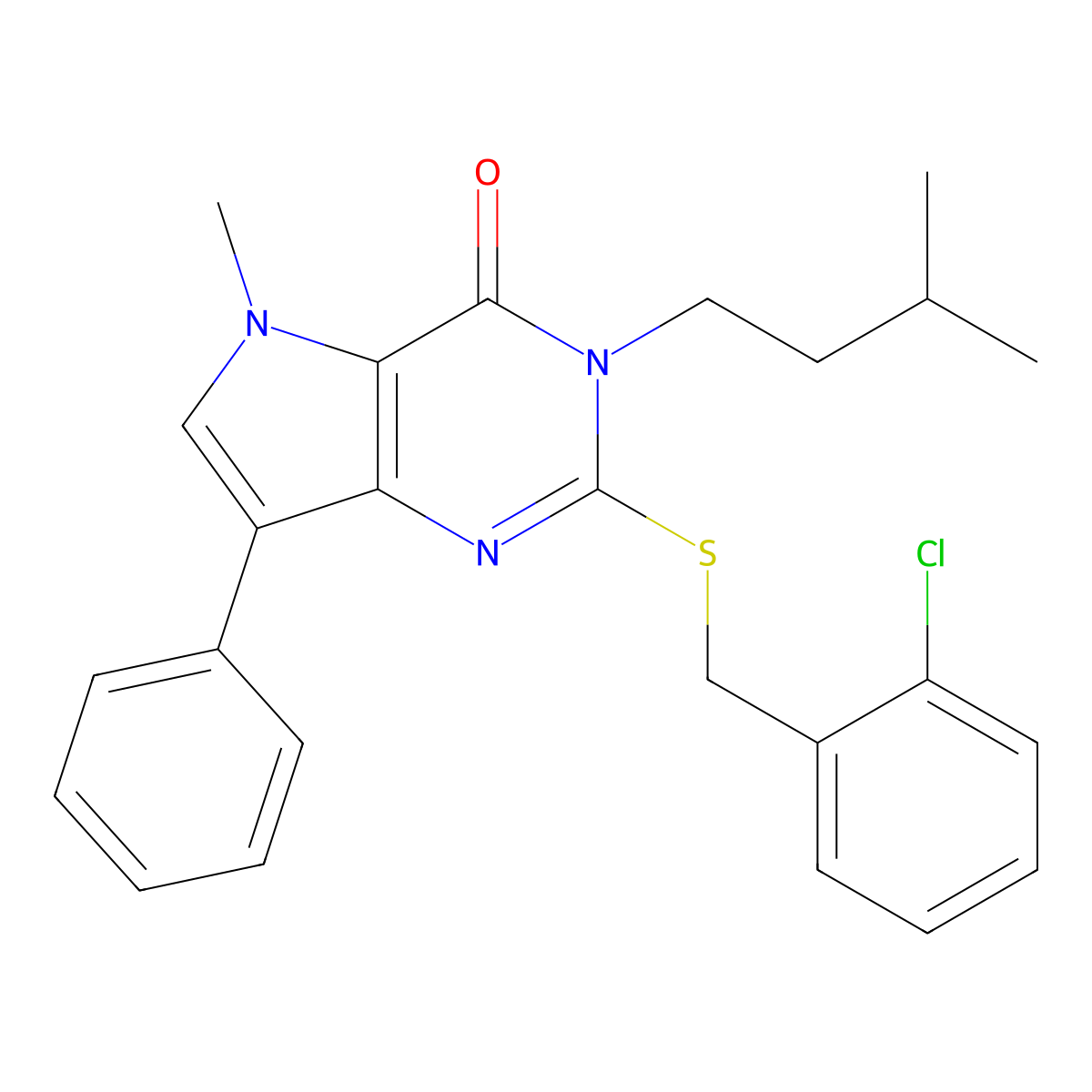 2-((2-chlorobenzyl)thio)-3-isopentyl-5-methyl-7-phenyl-3H-pyrrolo[3,2-d]pyrimidin-4(5H)-one molecular structure, CAS 1115371-44-2