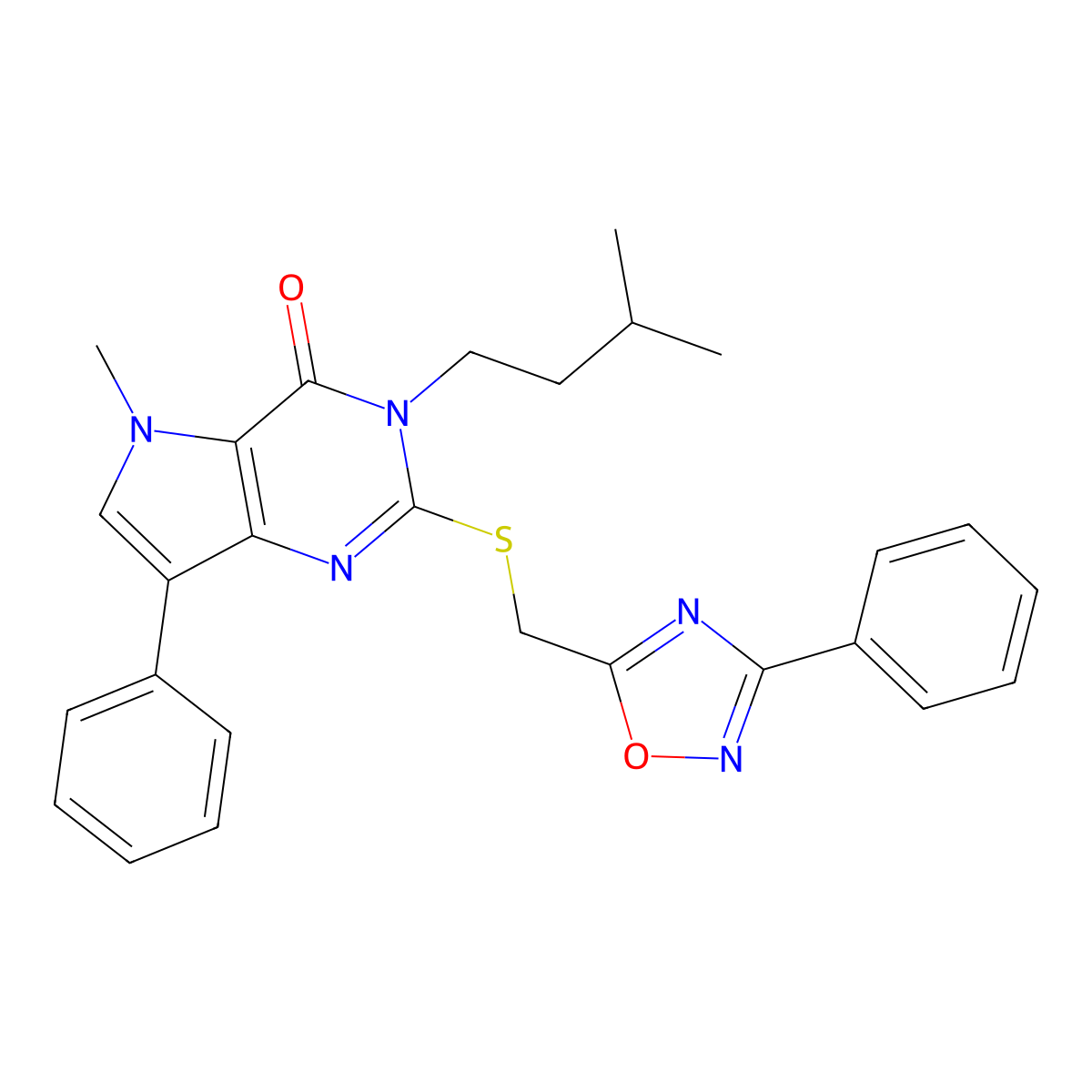 3-isopentyl-5-methyl-7-phenyl-2-(((3-phenyl-1,2,4-oxadiazol-5-yl)methyl)thio)-3H-pyrrolo[3,2-d]pyrimidin-4(5H)-one molecular structure, CAS 1115371-49-7
