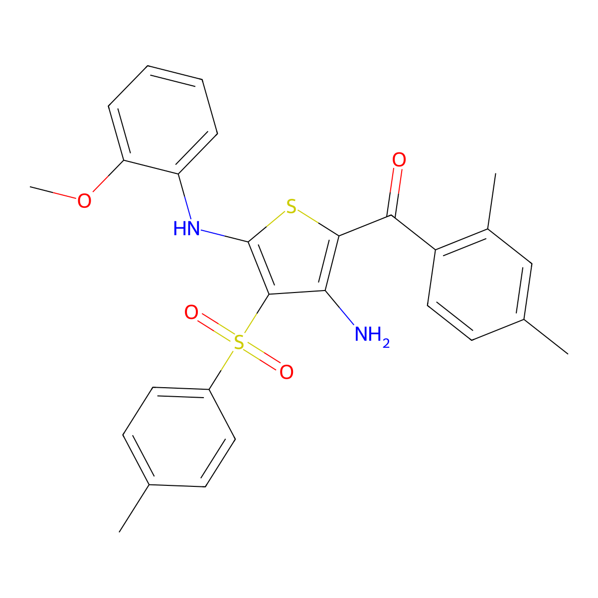 (3-Amino-5-((2-methoxyphenyl)amino)-4-tosylthiophen-2-yl)(2,4-dimethylphenyl)methanone molecular structure, CAS 1115373-18-6