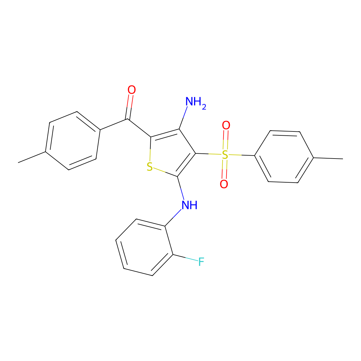 (3-Amino-5-((2-fluorophenyl)amino)-4-tosylthiophen-2-yl)(p-tolyl)methanone molecular structure, CAS 1115373-22-2