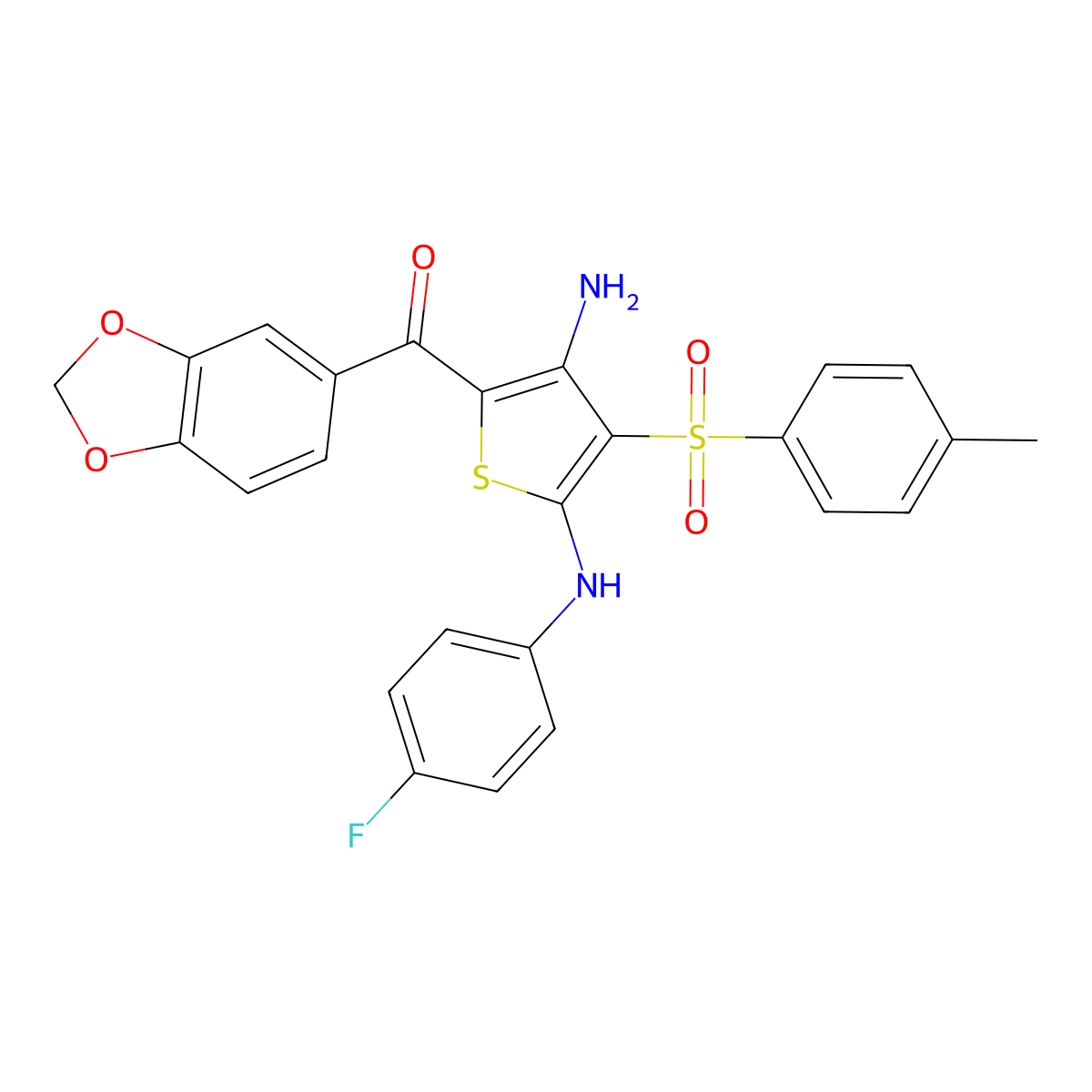(3-Amino-5-((4-fluorophenyl)amino)-4-tosylthiophen-2-yl)(benzo[d][1,3]dioxol-5-yl)methanone molecular structure, CAS 1115373-25-5