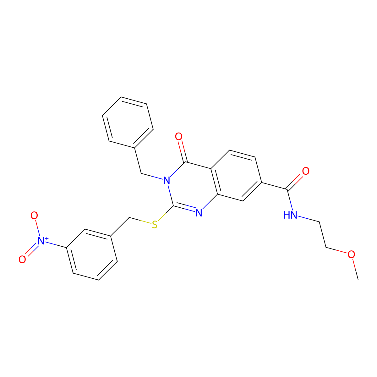 3-benzyl-N-(2-methoxyethyl)-2-((3-nitrobenzyl)thio)-4-oxo-3,4-dihydroquinazoline-7-carboxamide molecular structure, CAS 1115382-07-4