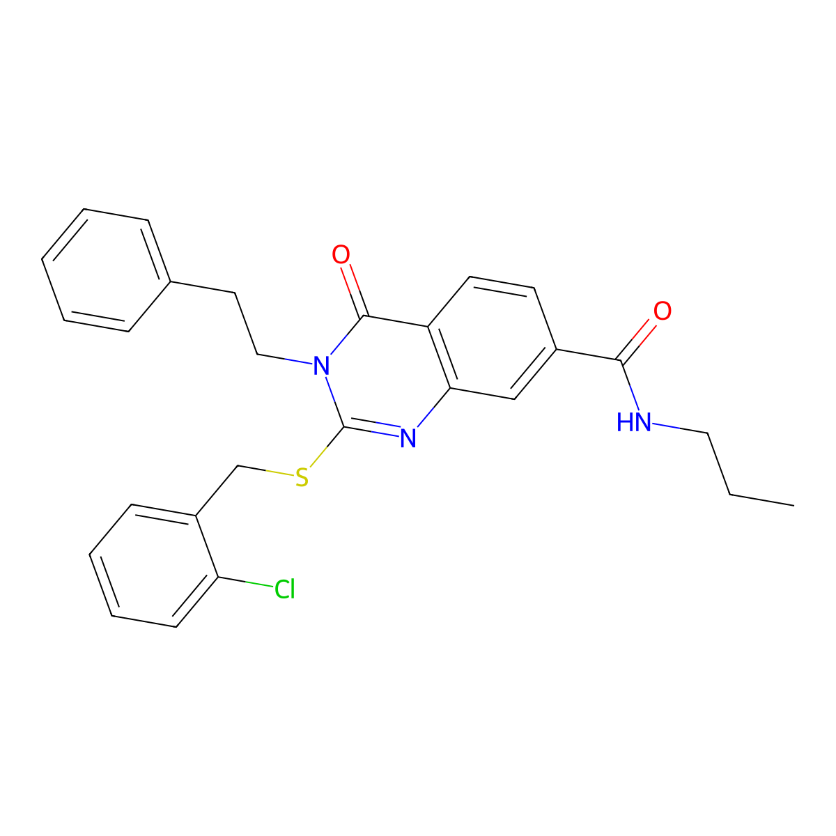 2-((2-chlorobenzyl)thio)-4-oxo-3-phenethyl-N-propyl-3,4-dihydroquinazoline-7-carboxamide molecular structure, CAS 1115382-27-8