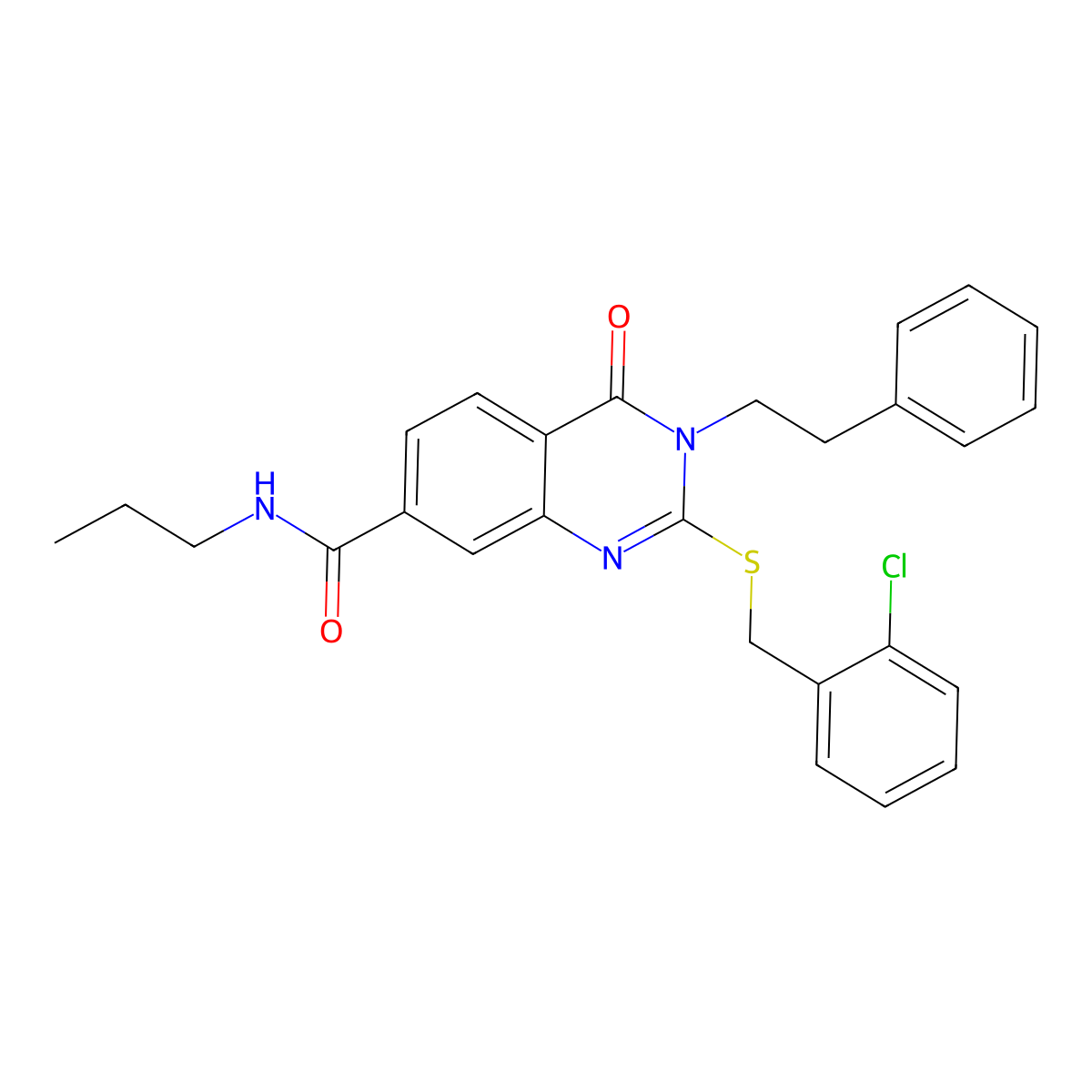 2-((2-chlorobenzyl)thio)-4-oxo-3-phenethyl-N-propyl-3,4-dihydroquinazoline-7-carboxamide molecular structure, CAS 1115382-27-8