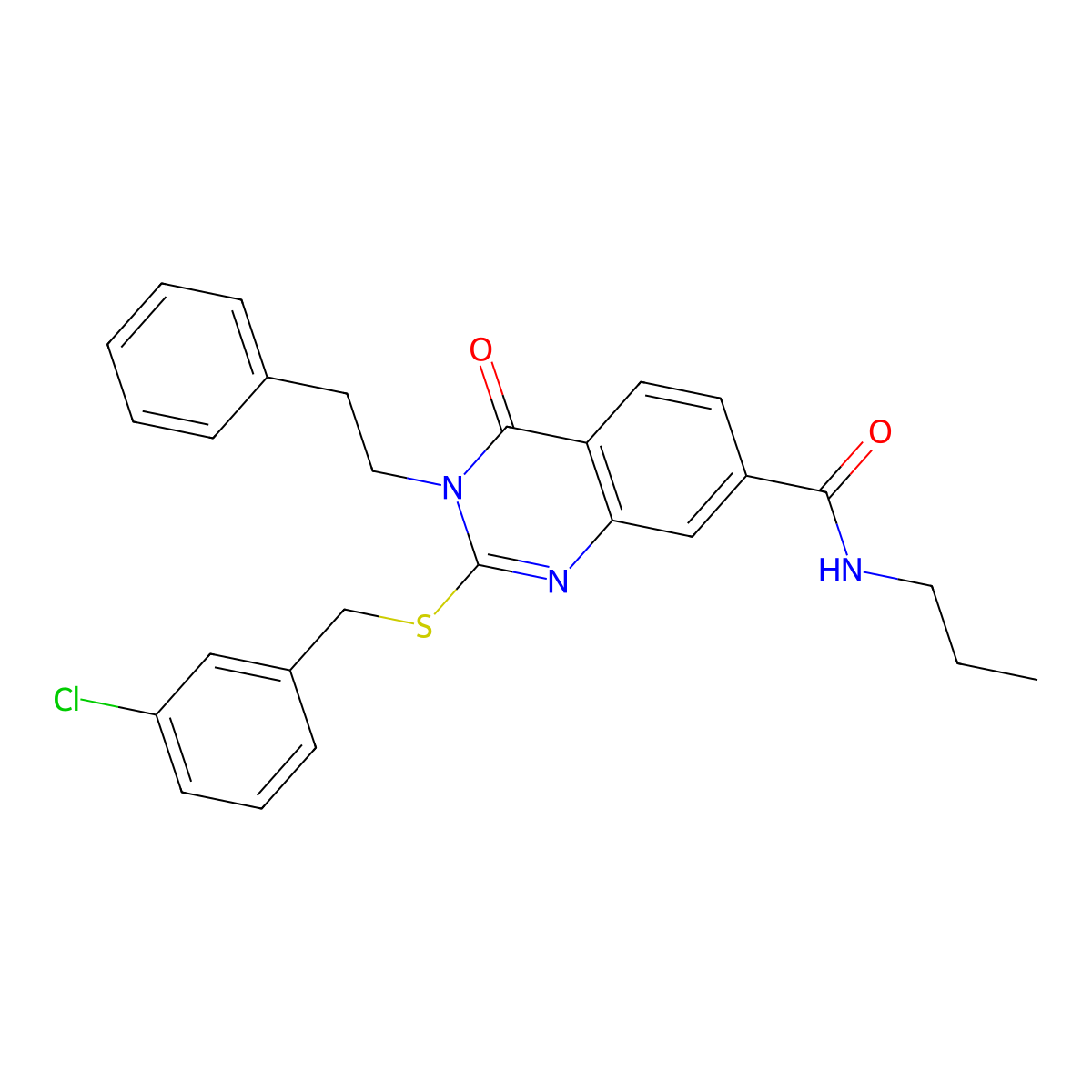 2-((3-chlorobenzyl)thio)-4-oxo-3-phenethyl-N-propyl-3,4-dihydroquinazoline-7-carboxamide molecular structure, CAS 1115382-29-0