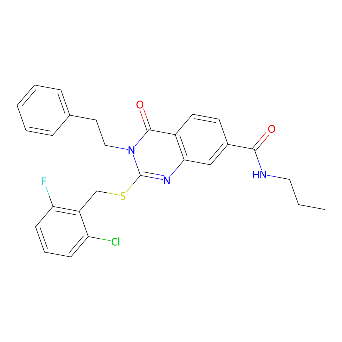 2-((2-chloro-6-fluorobenzyl)thio)-4-oxo-3-phenethyl-N-propyl-3,4-dihydroquinazoline-7-carboxamide molecular structure, CAS 1115382-30-3