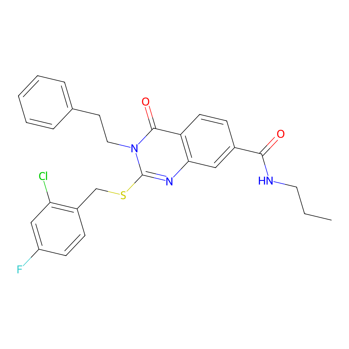 2-((2-chloro-4-fluorobenzyl)thio)-4-oxo-3-phenethyl-N-propyl-3,4-dihydroquinazoline-7-carboxamide molecular structure, CAS 1115382-31-4