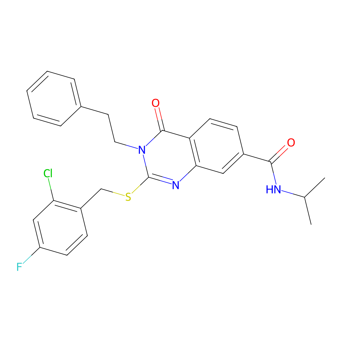 2-((2-chloro-4-fluorobenzyl)thio)-N-isopropyl-4-oxo-3-phenethyl-3,4-dihydroquinazoline-7-carboxamide molecular structure, CAS 1115382-38-1