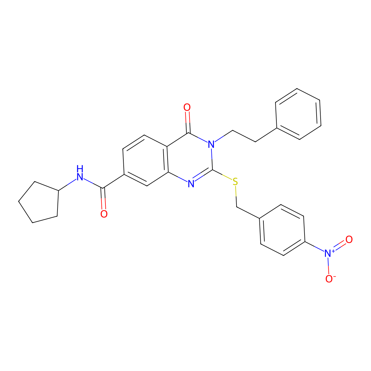 N-cyclopentyl-2-((4-nitrobenzyl)thio)-4-oxo-3-phenethyl-3,4-dihydroquinazoline-7-carboxamide molecular structure, CAS 1115382-43-8