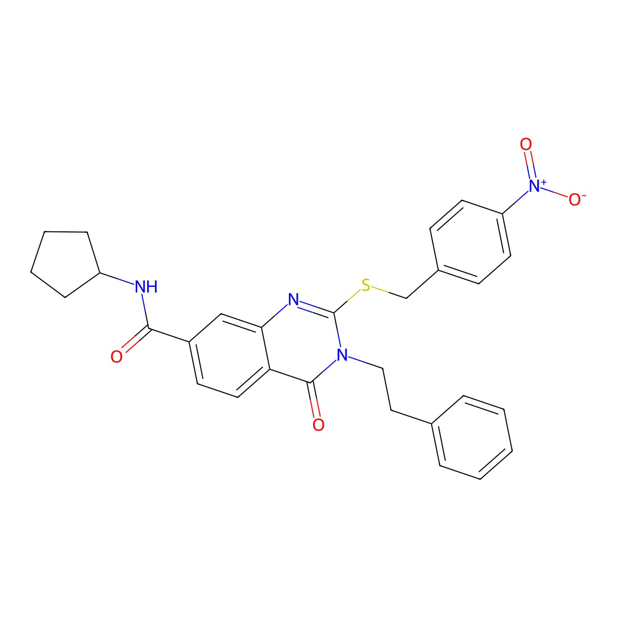 N-cyclopentyl-2-((4-nitrobenzyl)thio)-4-oxo-3-phenethyl-3,4-dihydroquinazoline-7-carboxamide molecular structure, CAS 1115382-43-8