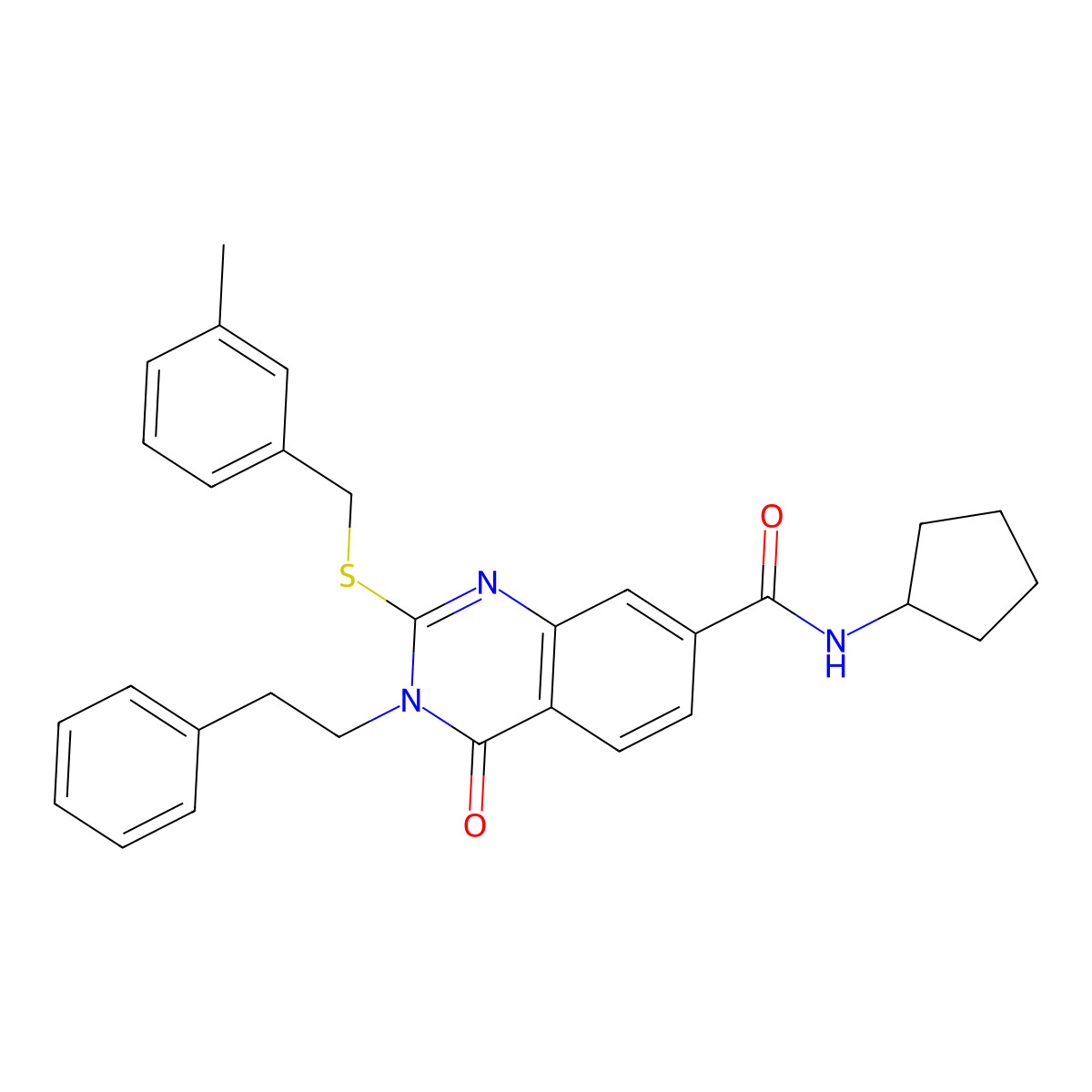 N-cyclopentyl-2-((3-methylbenzyl)thio)-4-oxo-3-phenethyl-3,4-dihydroquinazoline-7-carboxamide molecular structure, CAS 1115382-44-9