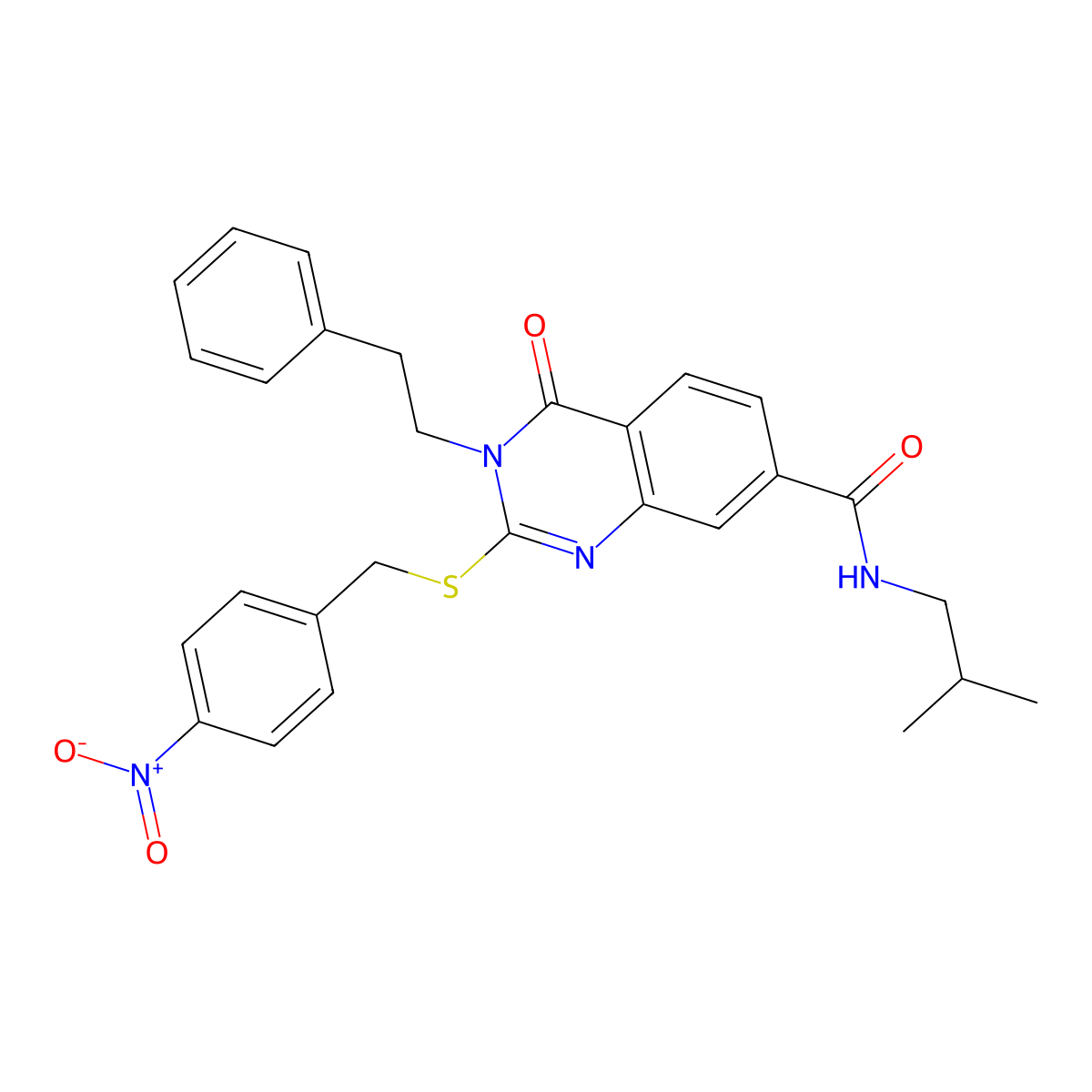 N-isobutyl-2-((4-nitrobenzyl)thio)-4-oxo-3-phenethyl-3,4-dihydroquinazoline-7-carboxamide molecular structure, CAS 1115382-48-3