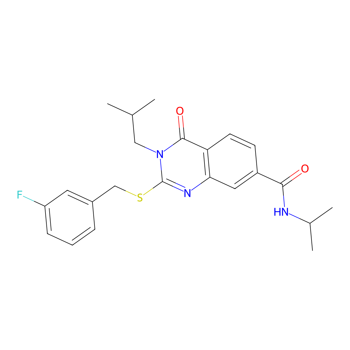 2-((3-fluorobenzyl)thio)-3-isobutyl-N-isopropyl-4-oxo-3,4-dihydroquinazoline-7-carboxamide molecular structure, CAS 1115382-66-5