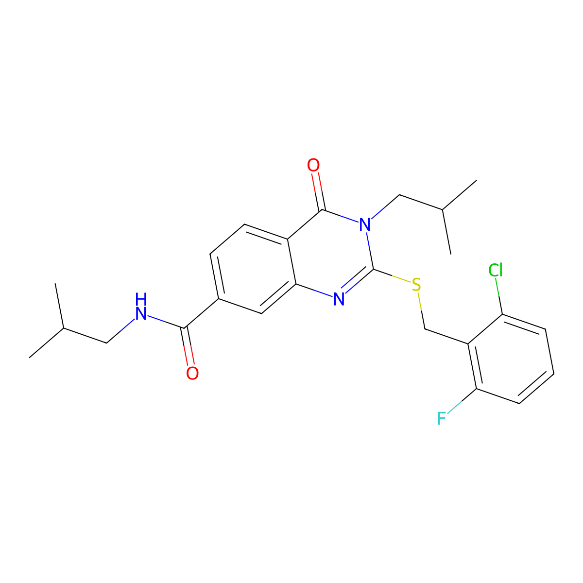 2-((2-chloro-6-fluorobenzyl)thio)-N,3-diisobutyl-4-oxo-3,4-dihydroquinazoline-7-carboxamide molecular structure, CAS 1115382-76-7