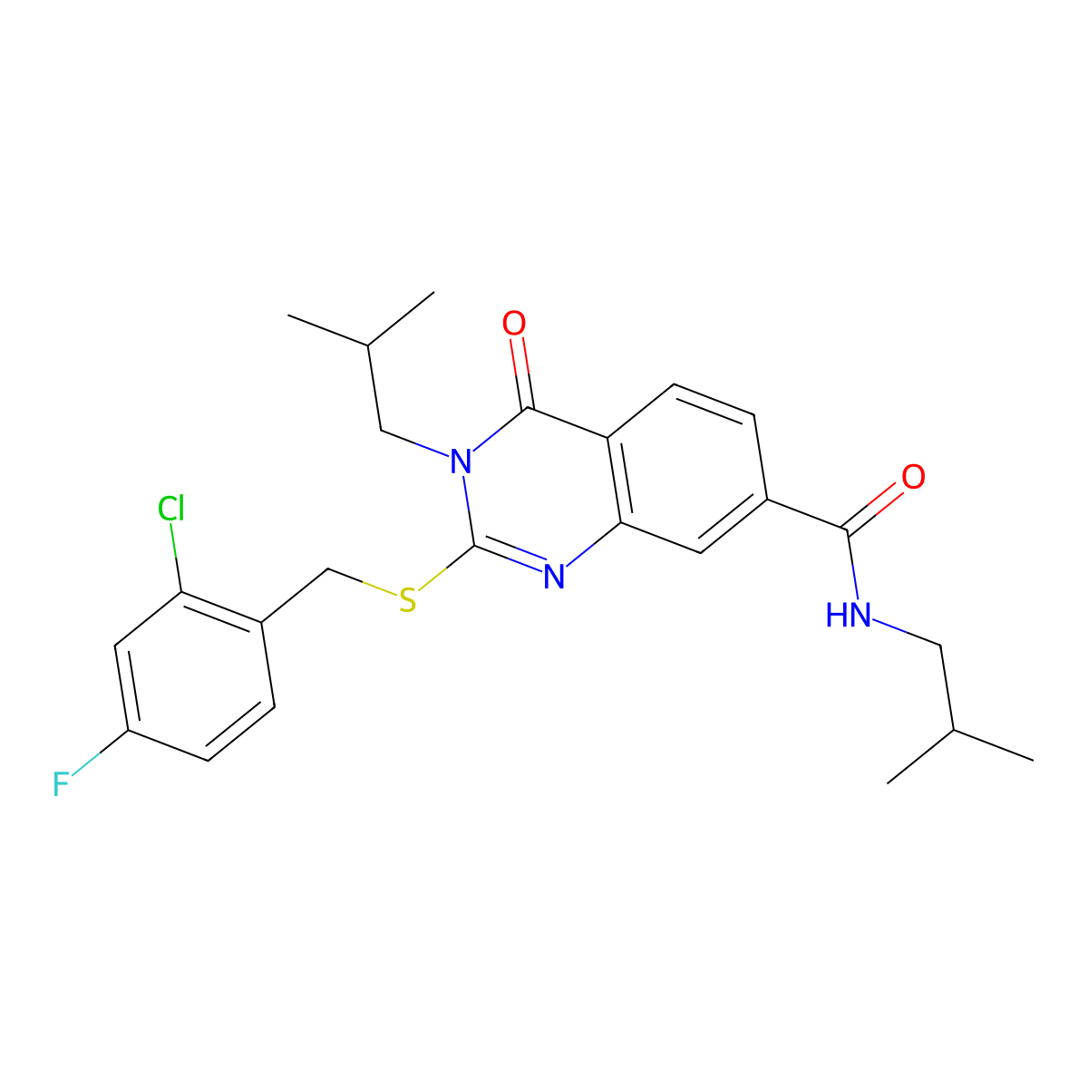 2-((2-chloro-4-fluorobenzyl)thio)-N,3-diisobutyl-4-oxo-3,4-dihydroquinazoline-7-carboxamide molecular structure, CAS 1115382-77-8