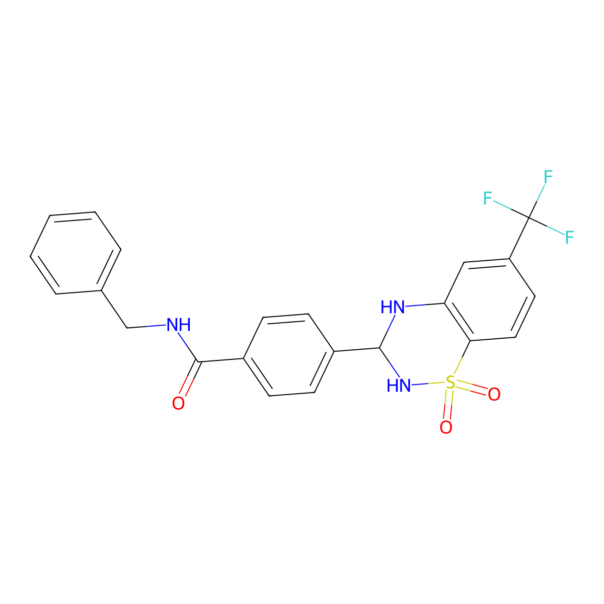 N-benzyl-4-[1,1-dioxido-6-(trifluoromethyl)-3,4-dihydro-2H-1,2,4-benzothiadiazin-3-yl]benzamide molecular structure, CAS 1115387-19-3