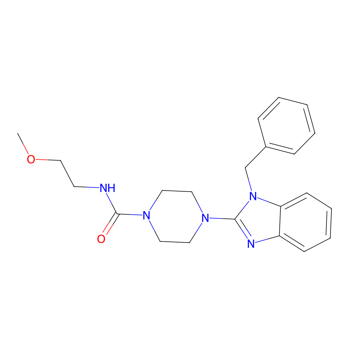 4-(1-benzyl-1H-benzo[d]imidazol-2-yl)-N-(2-methoxyethyl)piperazine-1-carboxamide molecular structure, CAS 1115390-86-7