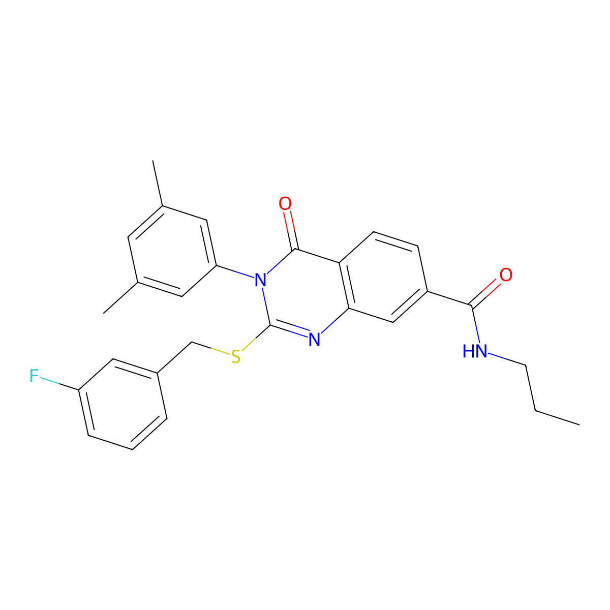 3-(3,5-dimethylphenyl)-2-((3-fluorobenzyl)thio)-4-oxo-N-propyl-3,4-dihydroquinazoline-7-carboxamide molecular structure, CAS 1115396-67-2