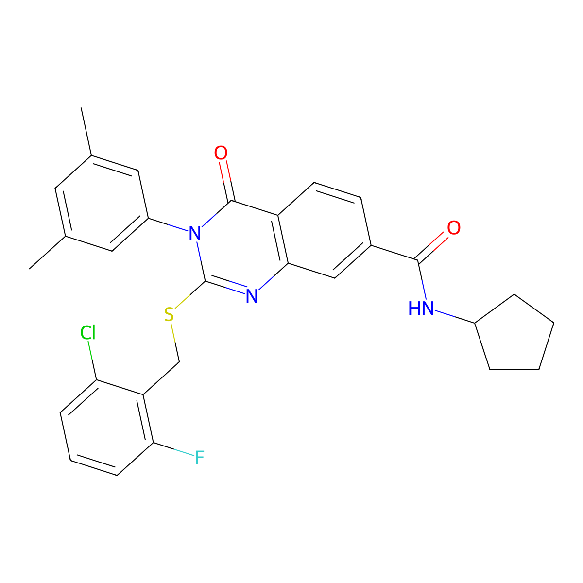 2-((2-chloro-6-fluorobenzyl)thio)-N-cyclopentyl-3-(3,5-dimethylphenyl)-4-oxo-3,4-dihydroquinazoline-7-carboxamide molecular structure, CAS 1115396-83-2