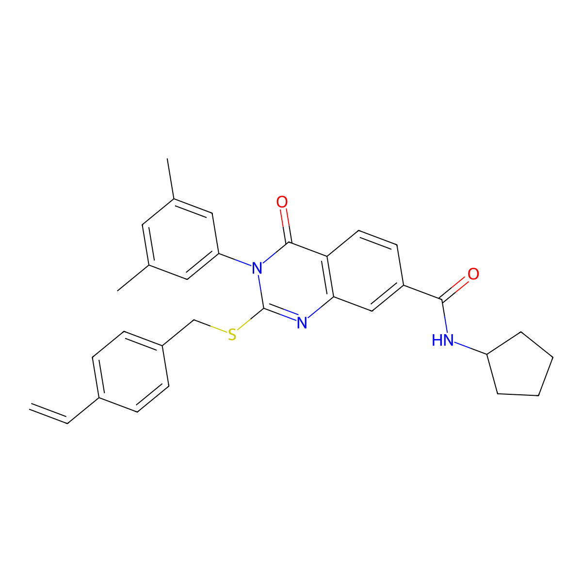 N-cyclopentyl-3-(3,5-dimethylphenyl)-4-oxo-2-((4-vinylbenzyl)thio)-3,4-dihydroquinazoline-7-carboxamide molecular structure, CAS 1115396-89-8